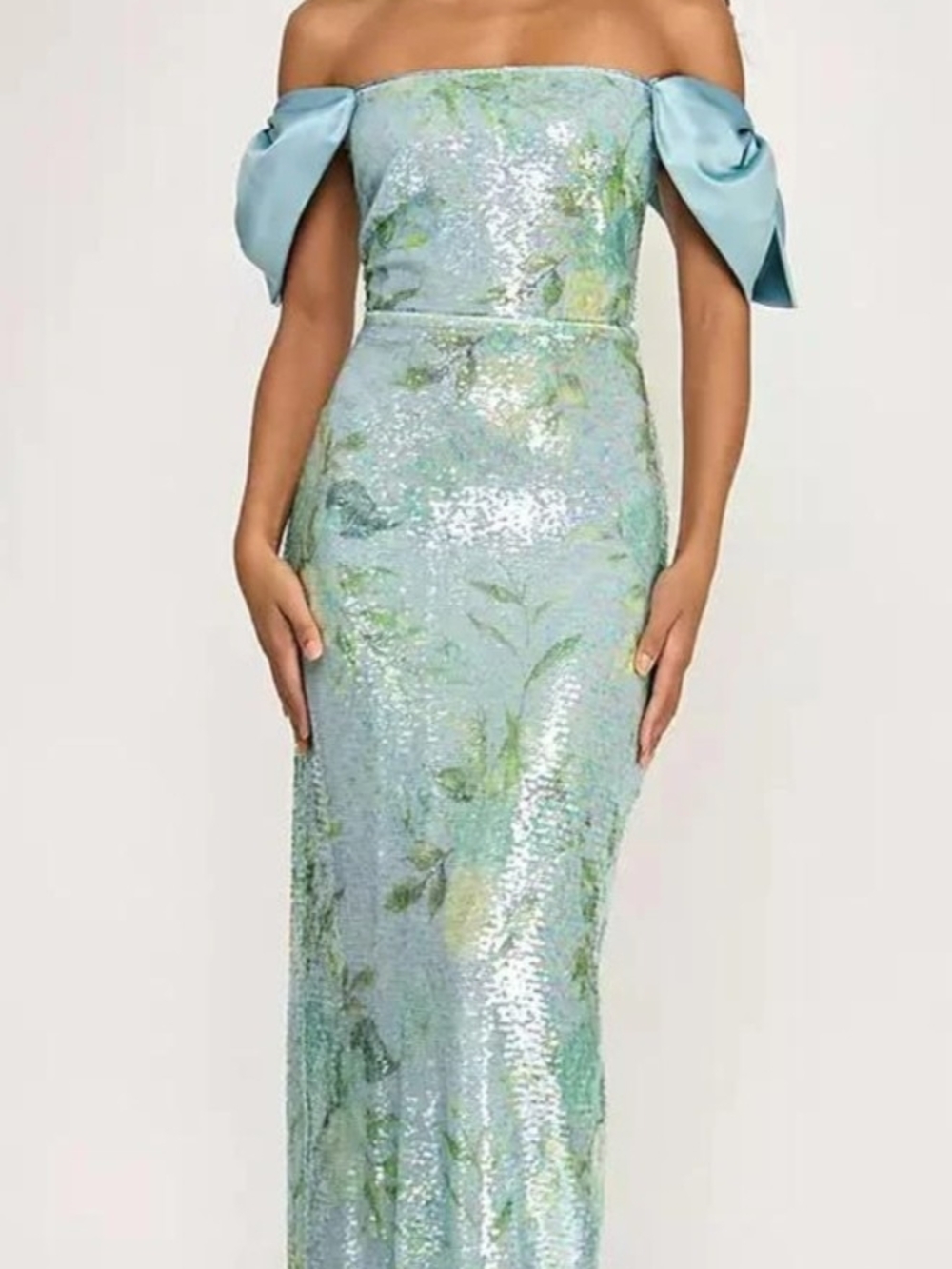City Studio Aqua Off-Shoulder Sequin Evening Dress